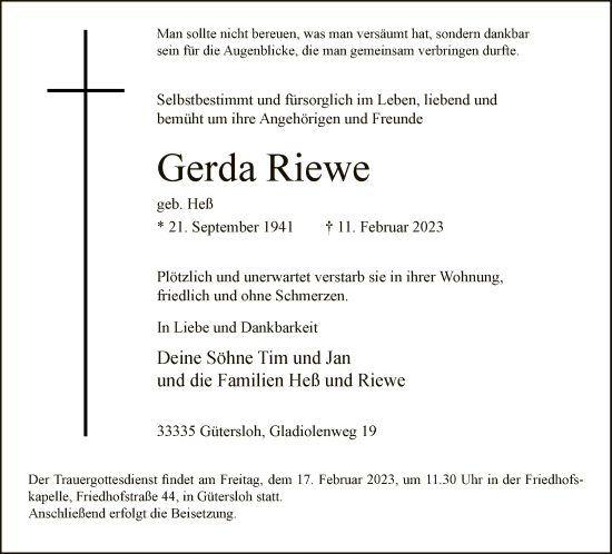 Traueranzeige von Gerda Riewe von Neue Westfälische