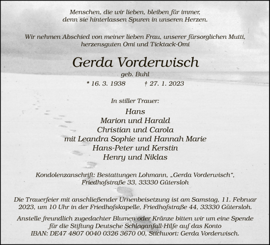 Traueranzeige von Gerda Vorderwisch von Neue Westfälische