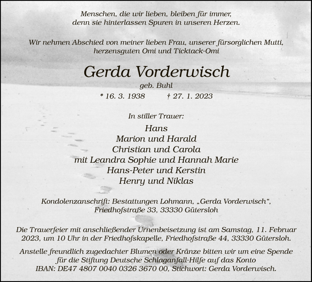  Traueranzeige für Gerda Vorderwisch vom 04.02.2023 aus Neue Westfälische