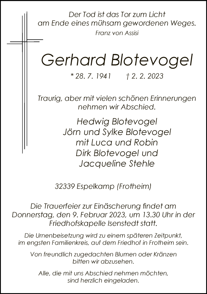  Traueranzeige für Gerhard Blotevogel vom 04.02.2023 aus Neue Westfälische