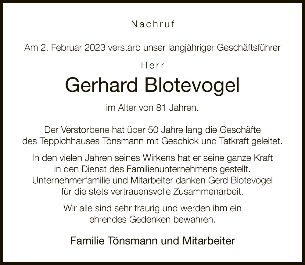  Traueranzeige für Gerhard Blotevogel vom 08.02.2023 aus Neue Westfälische
