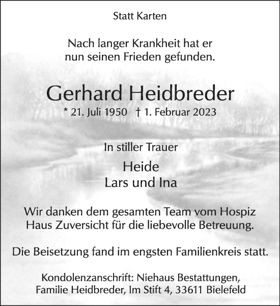 Traueranzeige von Gerhard Heidbreder von Neue Westfälische