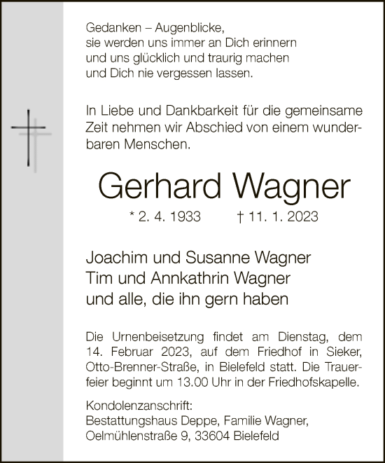 Traueranzeige von Gerhard Wagner von Neue Westfälische