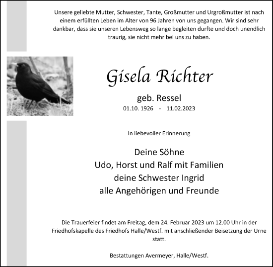 Traueranzeige von Gisela Richter von Neue Westfälische