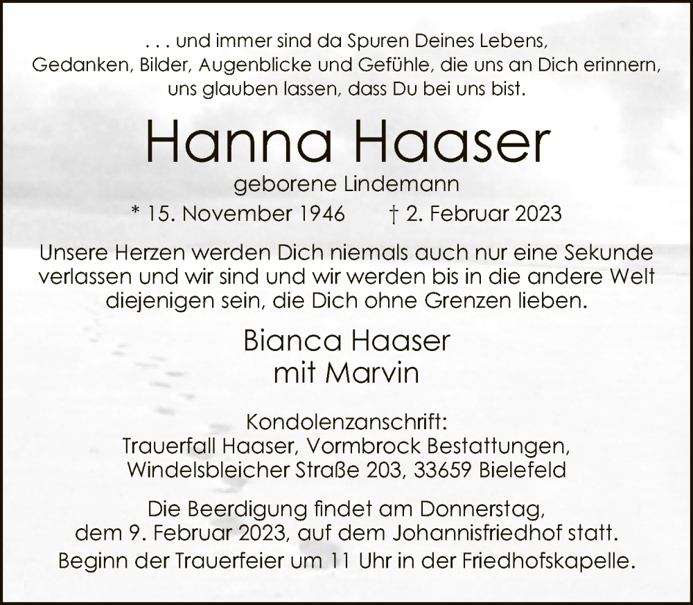  Traueranzeige für Hanna Haaser vom 04.02.2023 aus Neue Westfälische