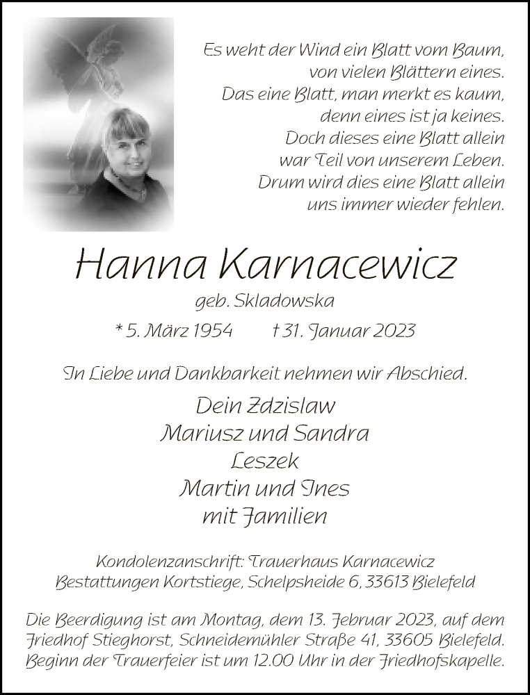  Traueranzeige für Hanna Karnacewicz vom 08.02.2023 aus Neue Westfälische