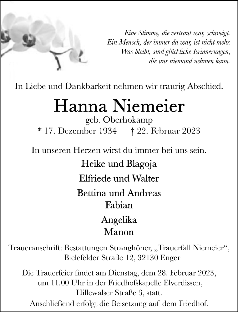  Traueranzeige für Hanna Niemeier vom 24.02.2023 aus Neue Westfälische