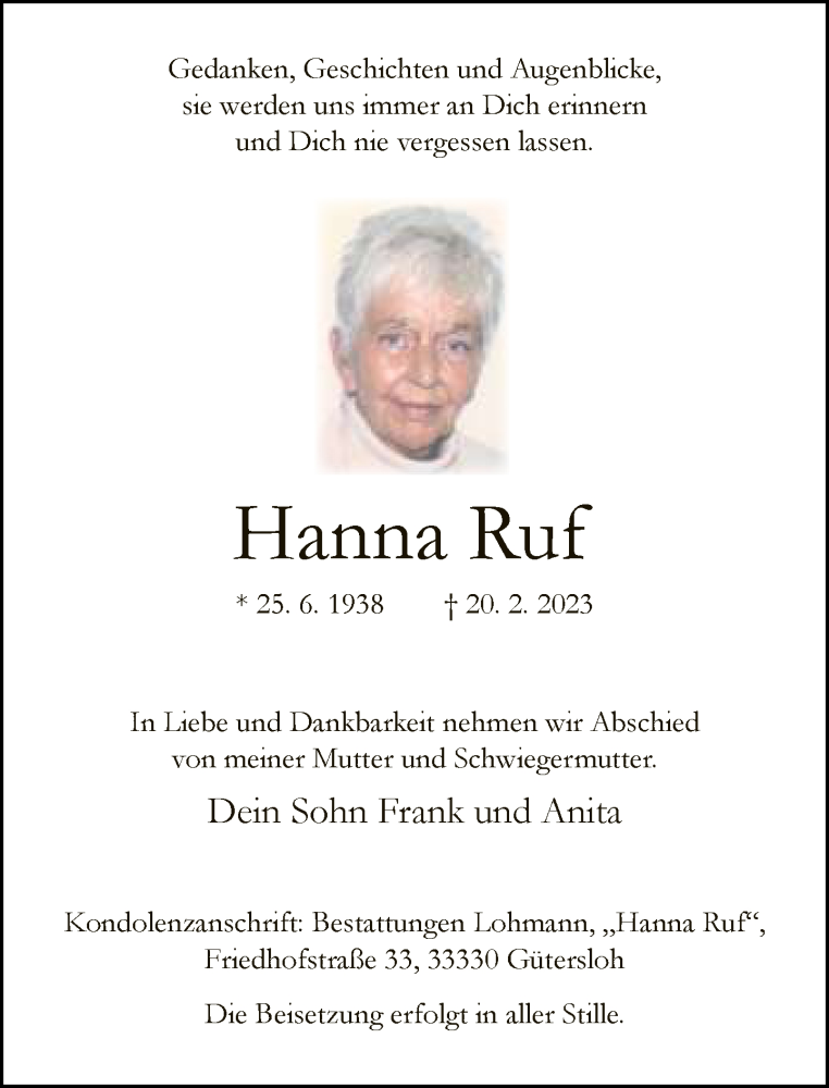  Traueranzeige für Hanna Ruf vom 22.02.2023 aus Neue Westfälische