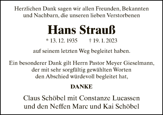 Traueranzeige von Hans Strauß von Neue Westfälische