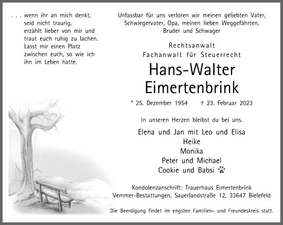 Traueranzeige von Hans-Walter Eimertenbrink von Neue Westfälische