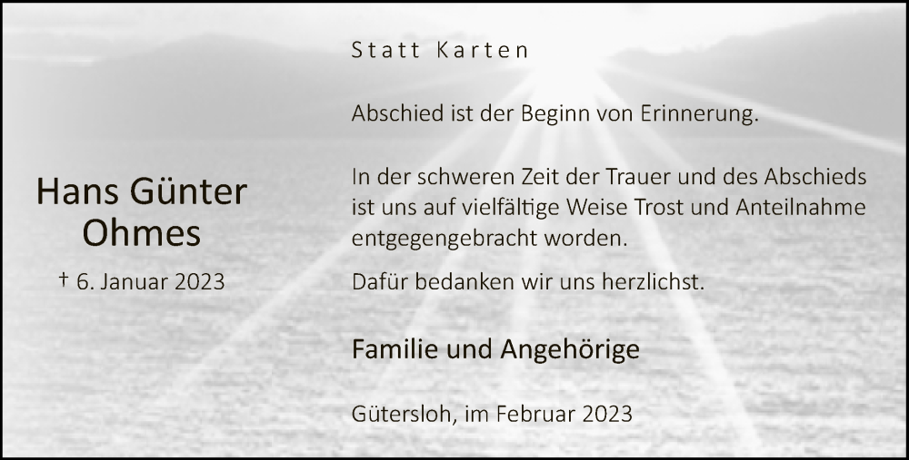  Traueranzeige für Hans Günter Ohmes vom 18.02.2023 aus Neue Westfälische