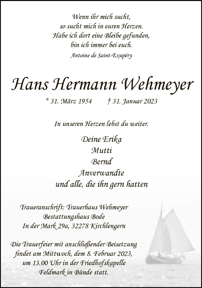  Traueranzeige für Hans Hermann Wehmeyer vom 07.02.2023 aus Neue Westfälische