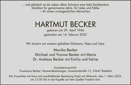 Traueranzeige von Hartmut Becker von Neue Westfälische