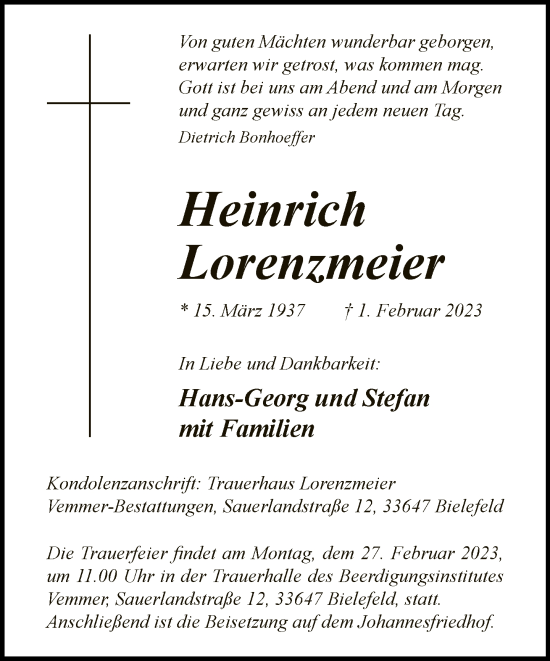 Traueranzeige von Heinrich Lorenzmeier von Neue Westfälische
