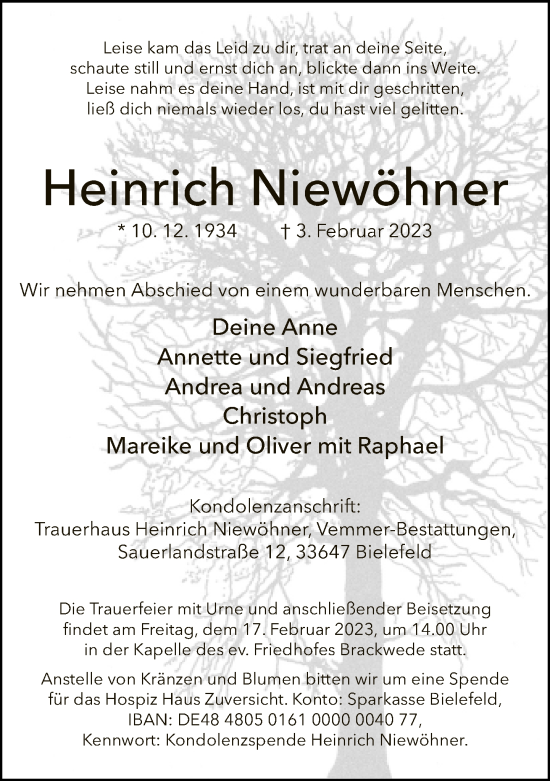 Traueranzeige von Heinrich Niewöhner von Neue Westfälische