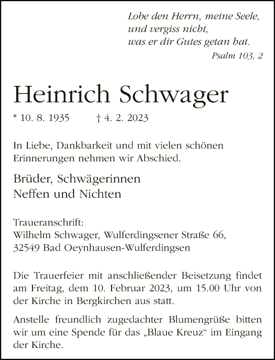 Traueranzeige von Heinrich Schwager von Neue Westfälische