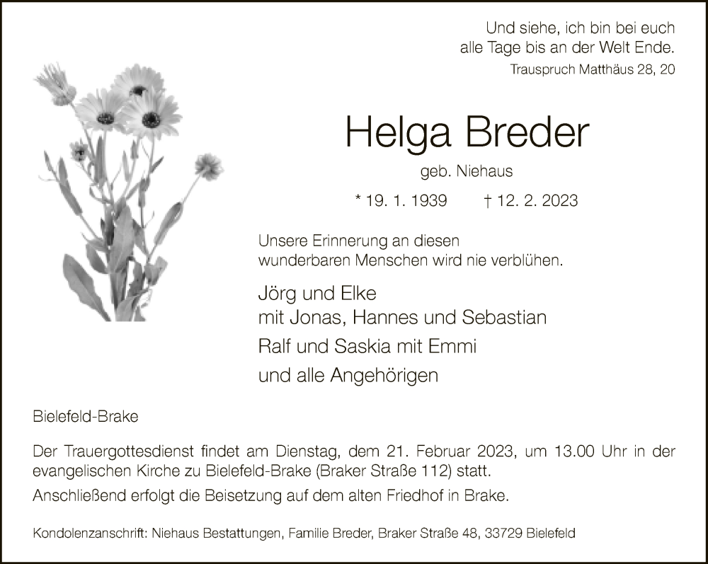  Traueranzeige für Helga Breder vom 15.02.2023 aus Neue Westfälische