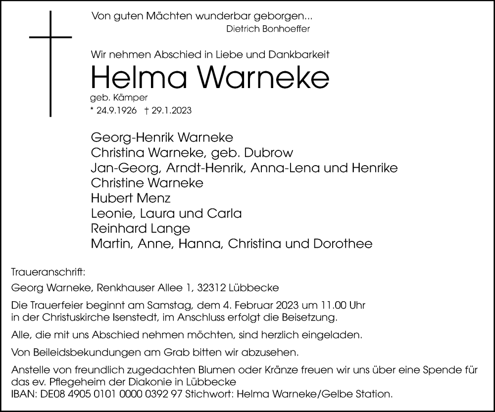  Traueranzeige für Helma Warneke vom 01.02.2023 aus Neue Westfälische