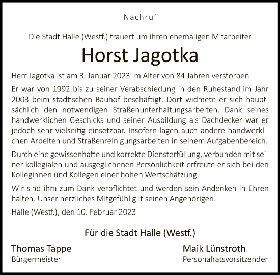 Traueranzeige von Horst Jagotka von Neue Westfälische