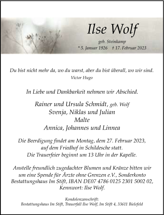 Traueranzeige von Ilse Wolf von Neue Westfälische