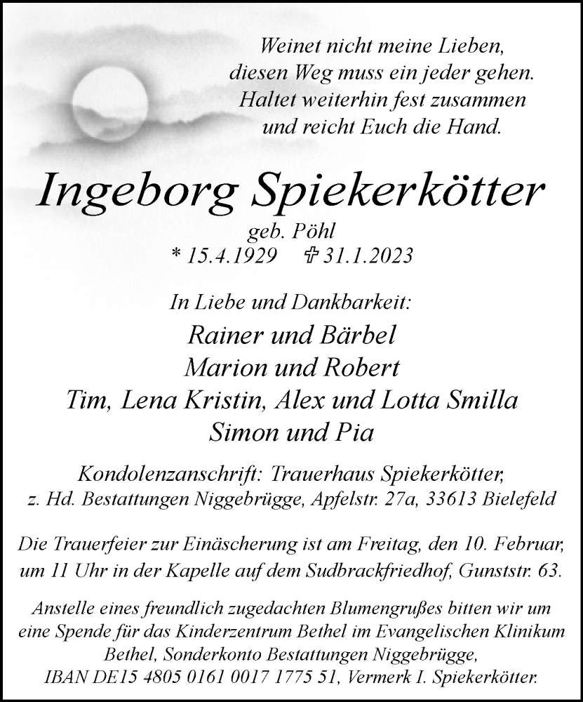  Traueranzeige für Ingeborg Spiekerkötter vom 04.02.2023 aus Neue Westfälische