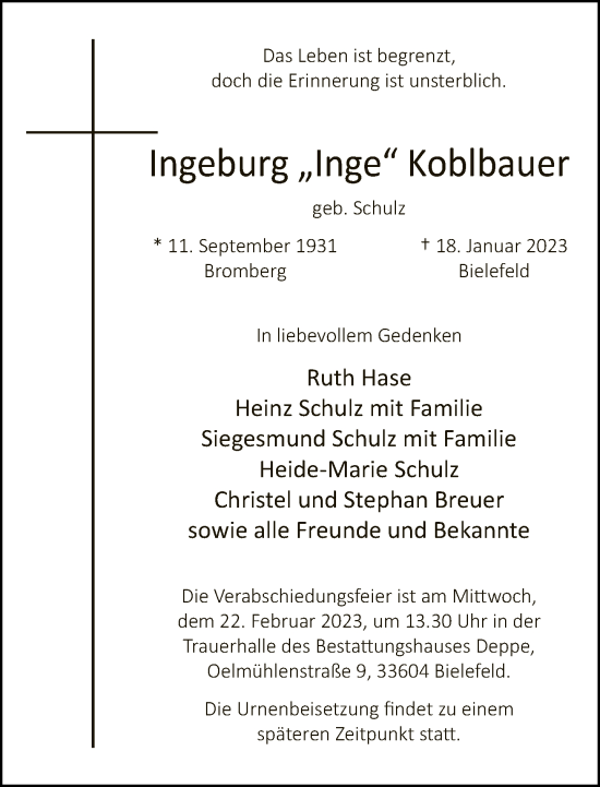 Traueranzeige von Ingeburg Koblbauer von Neue Westfälische