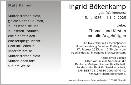 Traueranzeige von Ingrid Bökenkamp von Neue Westfälische