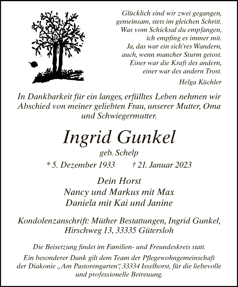  Traueranzeige für Ingrid Gunkel vom 01.02.2023 aus Neue Westfälische