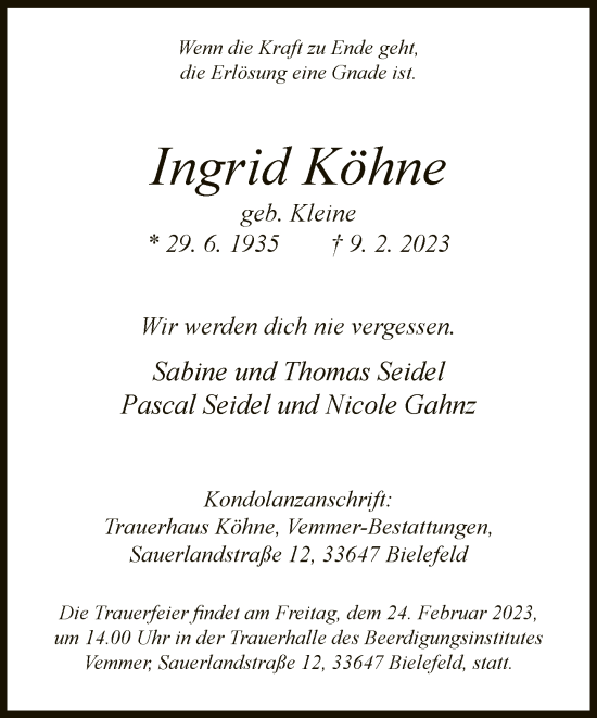 Traueranzeige von Ingrid Köhne von Neue Westfälische