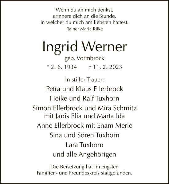 Traueranzeige von Ingrid Werner von Neue Westfälische