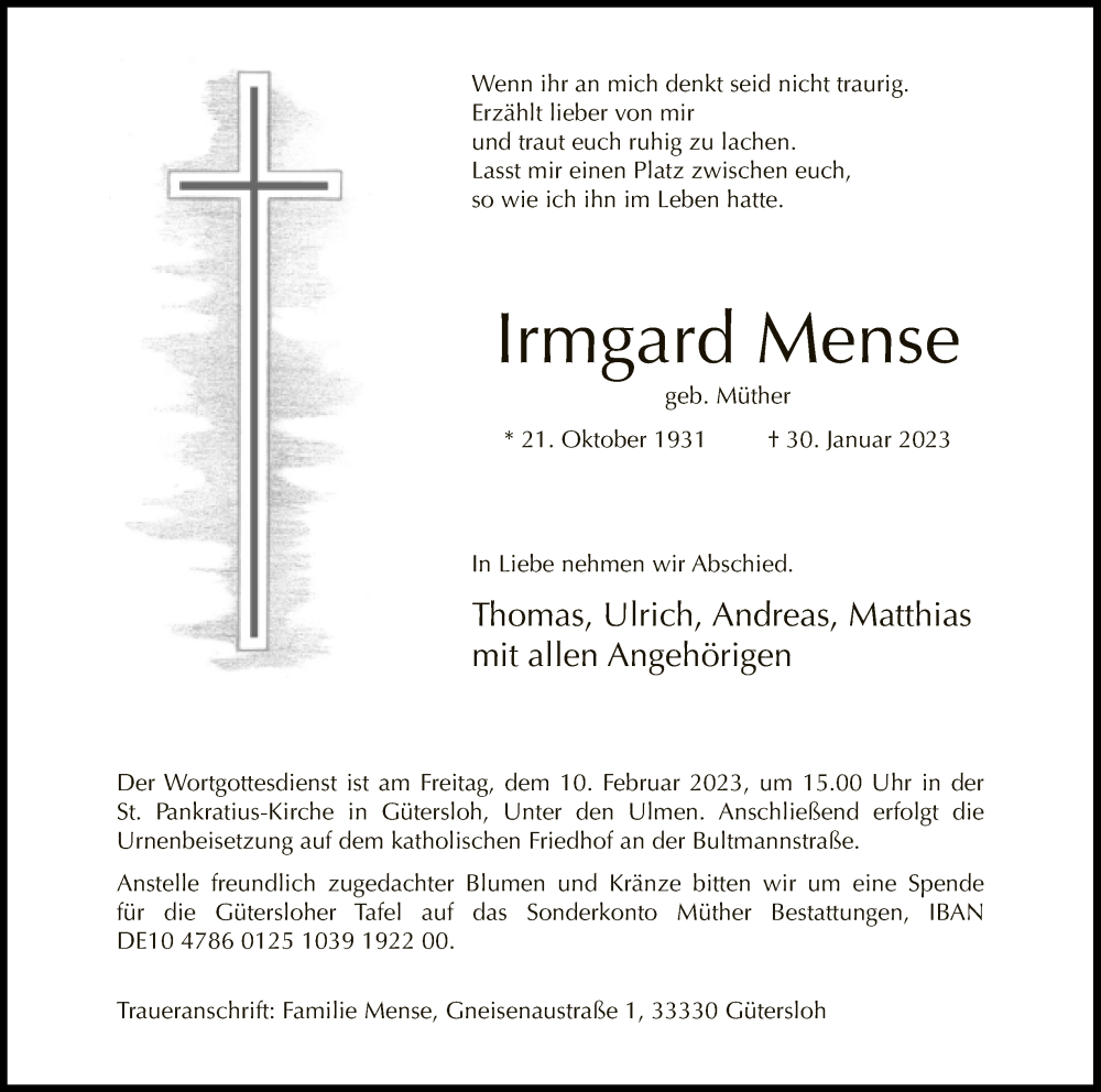  Traueranzeige für Irmgard Mense vom 03.02.2023 aus Neue Westfälische