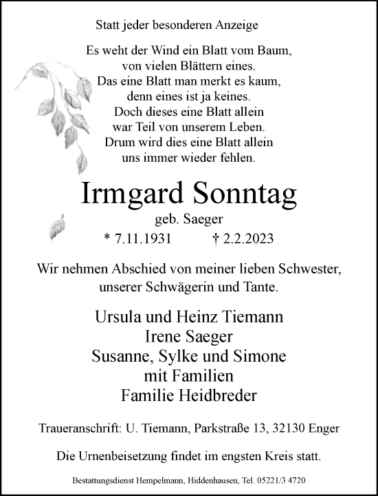 Traueranzeige von Irmgard Sonntag von Neue Westfälische