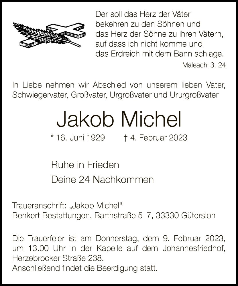  Traueranzeige für Jakob Michel vom 07.02.2023 aus Neue Westfälische