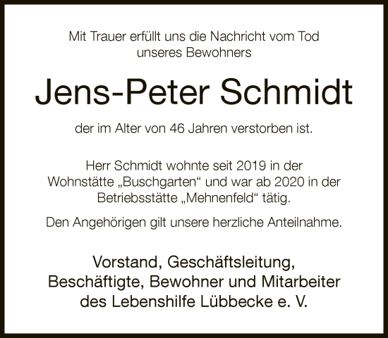 Traueranzeige von Jens-Peter Schmidt von Neue Westfälische