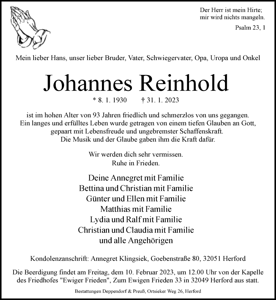  Traueranzeige für Johannes Reinhold vom 04.02.2023 aus Neue Westfälische