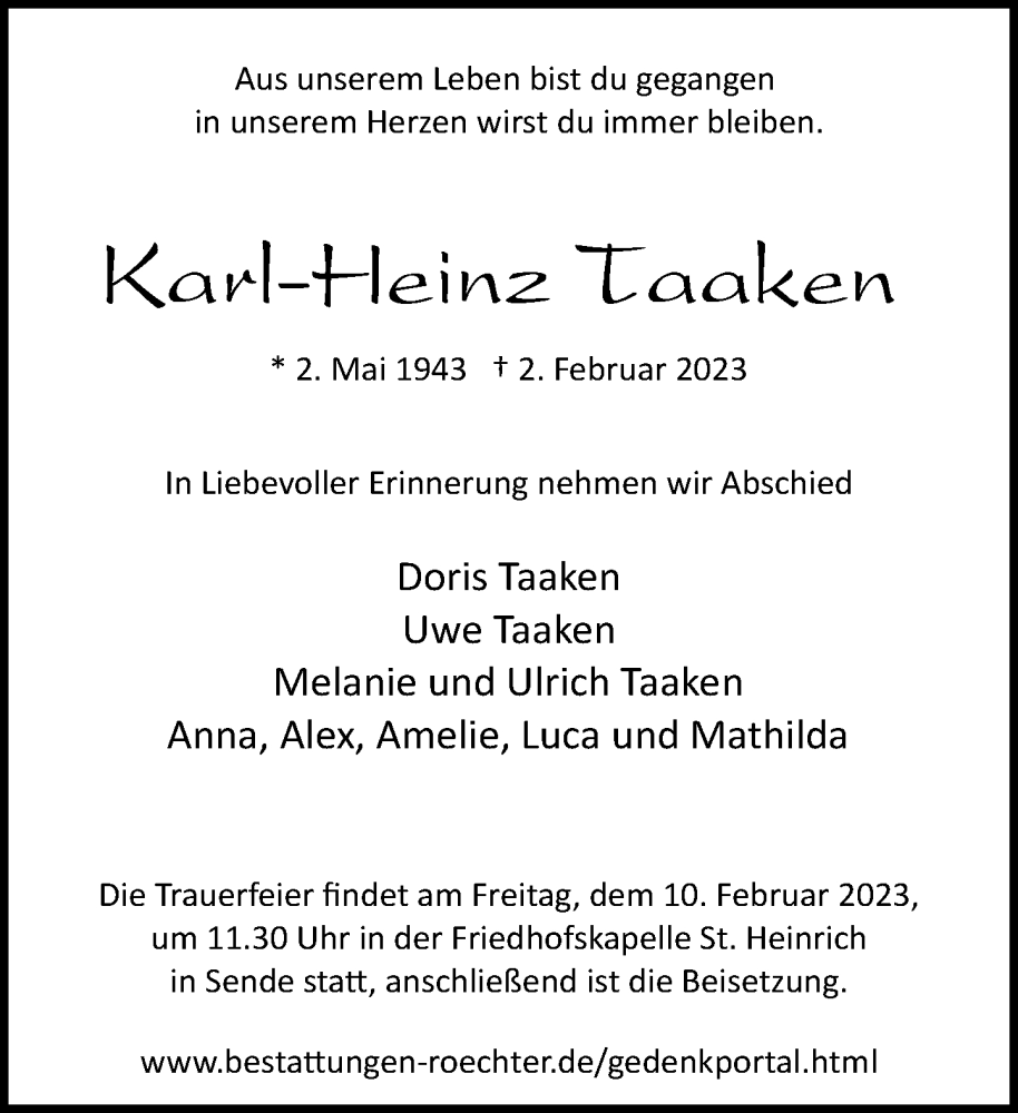  Traueranzeige für Karl-Heinz Taaken vom 04.02.2023 aus Neue Westfälische