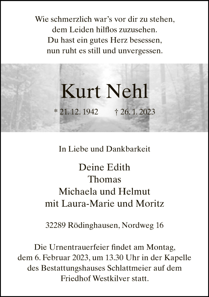  Traueranzeige für Kurt Nehl vom 01.02.2023 aus Neue Westfälische