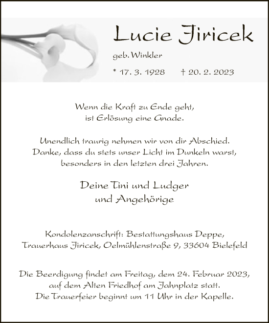 Traueranzeige von Lucie Jiricek von Neue Westfälische