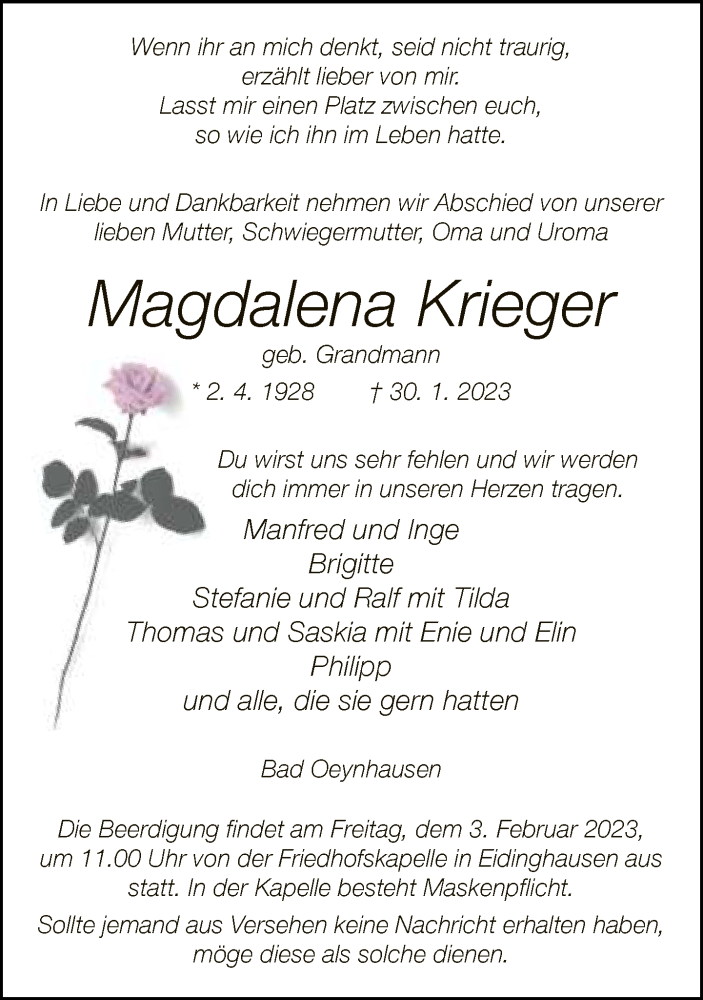  Traueranzeige für Magdalena Krieger vom 01.02.2023 aus Neue Westfälische