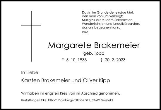 Traueranzeige von Margarete Brakemeier von Neue Westfälische