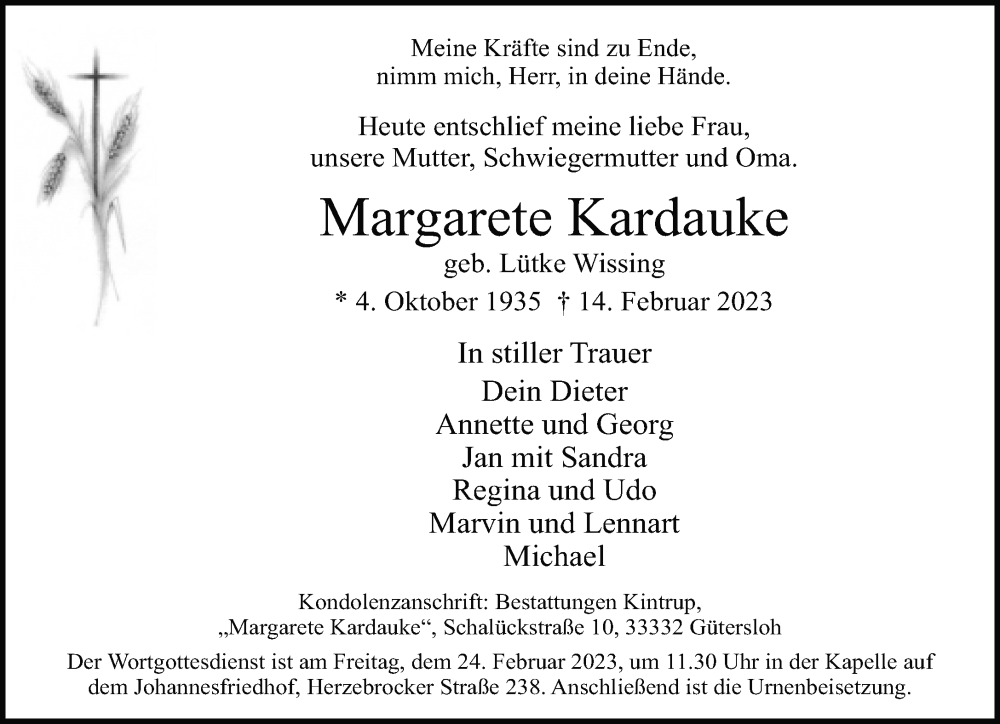  Traueranzeige für Margarete Kardauke vom 17.02.2023 aus Neue Westfälische