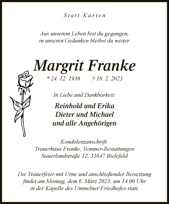 Traueranzeige von Margrit Franke von Neue Westfälische