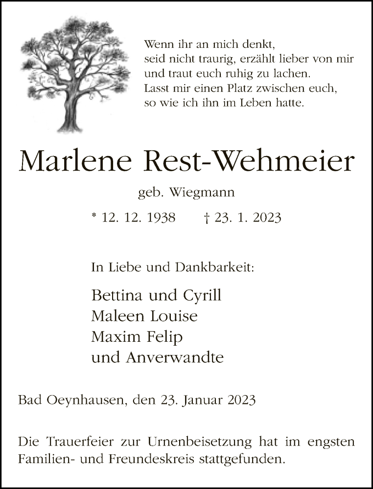  Traueranzeige für Marlene Rest-Wehmeier vom 07.02.2023 aus Neue Westfälische