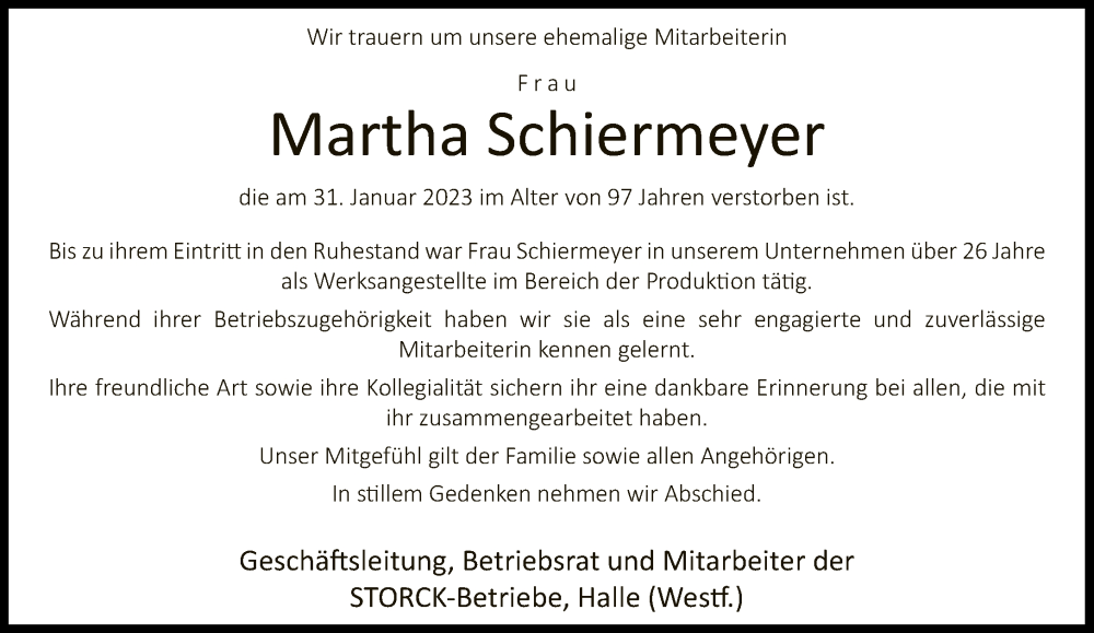  Traueranzeige für Martha Schiermeyer vom 21.02.2023 aus Neue Westfälische