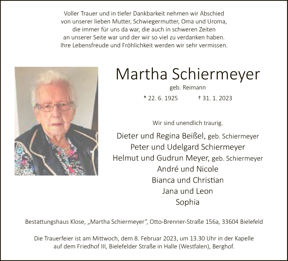  Traueranzeige für Martha Schiermeyer vom 04.02.2023 aus Neue Westfälische