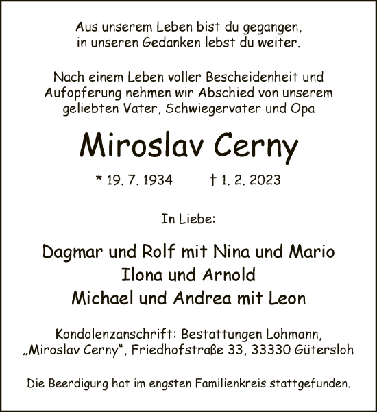Traueranzeige von Miroslav Cerny von Neue Westfälische