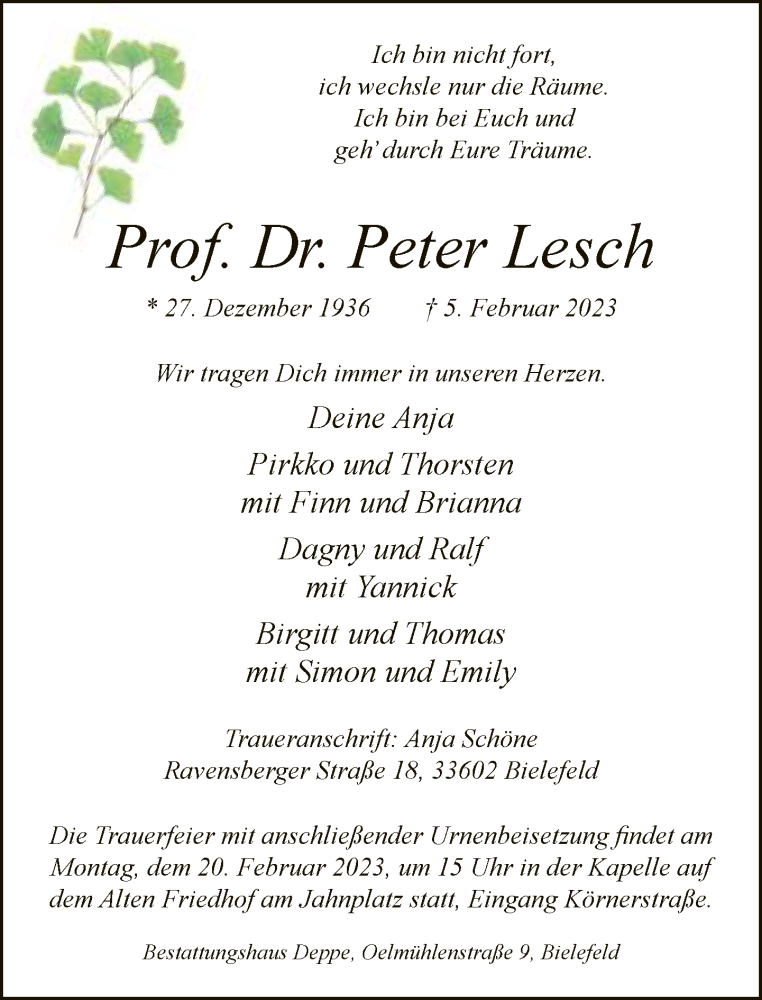  Traueranzeige für Peter Lesch vom 11.02.2023 aus Neue Westfälische