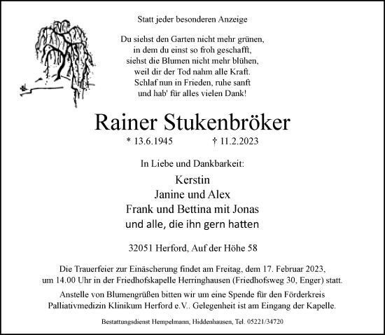 Traueranzeige von Rainer Stukenbröker von Neue Westfälische