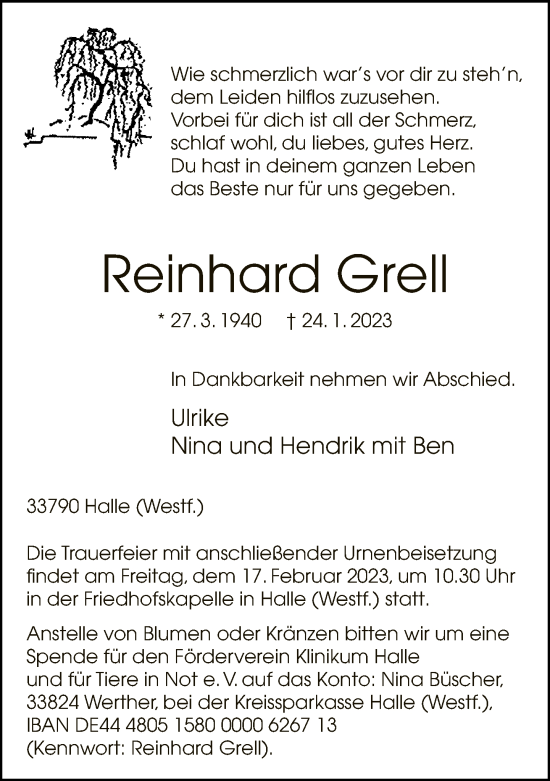 Traueranzeige von Reinhard Grell von Neue Westfälische