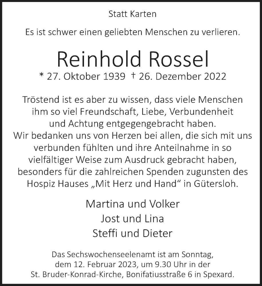  Traueranzeige für Reinhold Rossel vom 03.02.2023 aus Neue Westfälische
